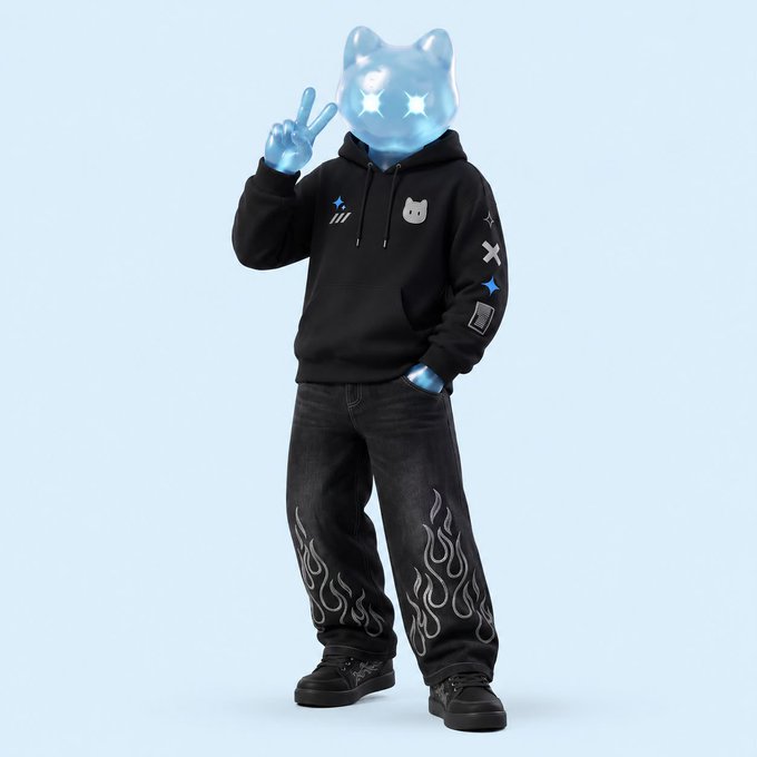 A 3D rendered character with a translucent blue cat-like head wearing a black hoodie with small cat icons and flame-patterned black jeans.