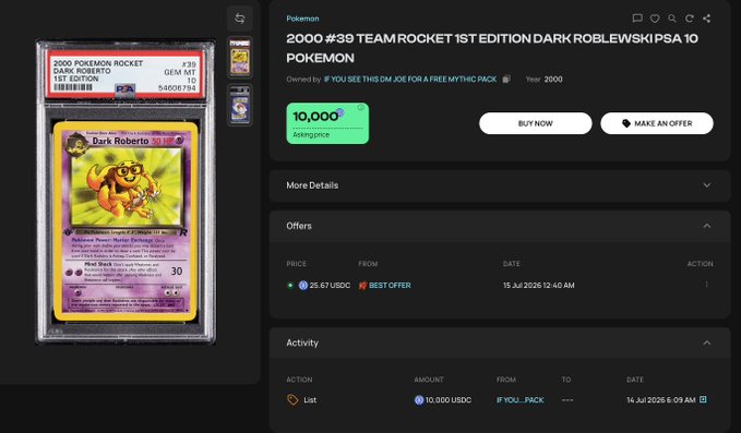 Marketplace listing for a PSA 10 graded 2000 Pokemon Team Rocket 1st Edition Dark Rorbewske card priced at 10,000 Skingrince, with an offer of 25.67 USDC.
