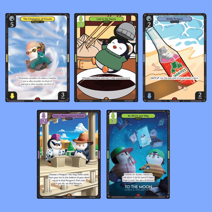 Five penguin-themed game cards from 'To the Moon' card collection, including 'The Champion of Clouds,' 'Lost in the Sauce,' 'Bottle Penguin,' 'Have a Philosophical Debate,' and 'Be Weird and Silly.'