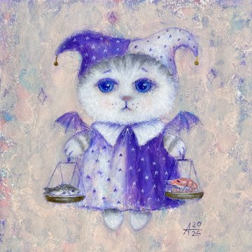 A painting of an adorable white kitten dressed in a purple jester costume with a starry cloak and two-pointed hat, holding small scales in its paws, with the text 'AD 2026' in the corner.
