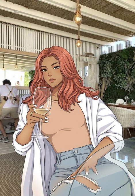 An illustration of a woman with long red hair holding a wine glass, wearing a white shirt and ripped jeans.