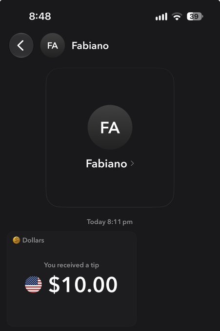 A mobile payment app screenshot showing a $10.00 tip received from a user named 'Fabiano', with the timestamp 'Today 8:11 pm'.