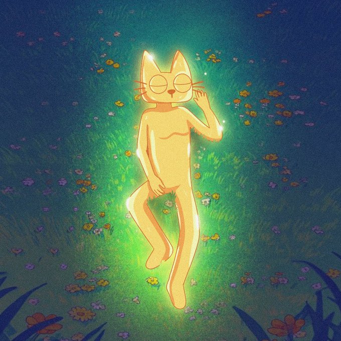 A glowing golden cat-like figure lounges peacefully in a vibrant flower-filled meadow, emanating warmth and serenity in the night. The image perfectly captures the laid-back, hopeful sentiment of the post—evoking the chill, optimistic attitude of a $CETS holder hoping to ride the meme coin to even higher heights.