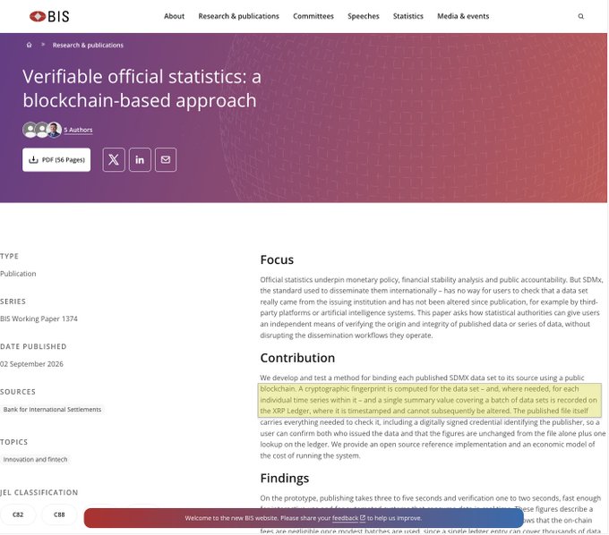 A webpage from the Bank for International Settlements (BIS) displaying a publication titled 'Verifiable official statistics: a blockchain-based approach,' BIS Working Paper 1374, dated 02 September 2026.
