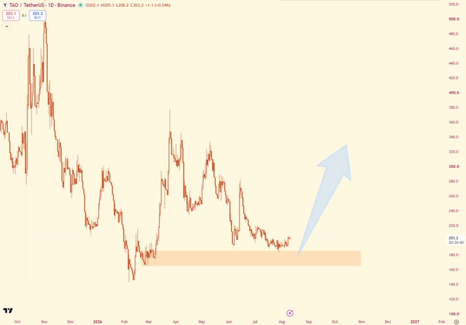 A TAO/USDT daily candlestick chart from Binance shows the price hovering around 203.2 (-1.1, -0.54%) within a highlighted long-term support zone, while a large blue arrow points upward indicating a potential breakout from the descending trendline that has been capping recovery attempts since the October 2024 high near 480.