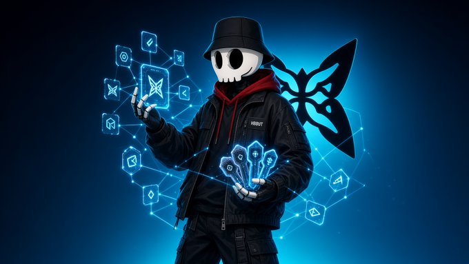A stylized digital illustration of a character with a skull mask, black bucket hat, and jacket, surrounded by glowing blue holographic icons and a butterfly wing graphic.