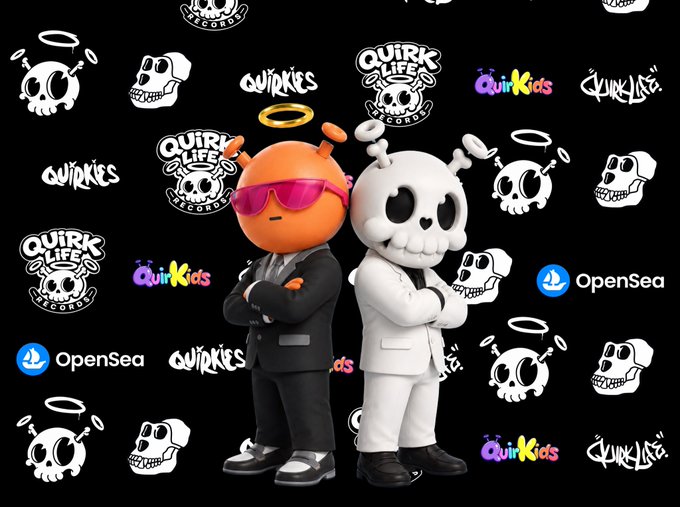 A promotional graphic for 'QUIRK LIFE RECORDS' featuring 3D characters—an orange figure in a suit and a skull-headed figure—standing back-to-back against a backdrop of logos including 'QuirKids' and 'OpenSea'.