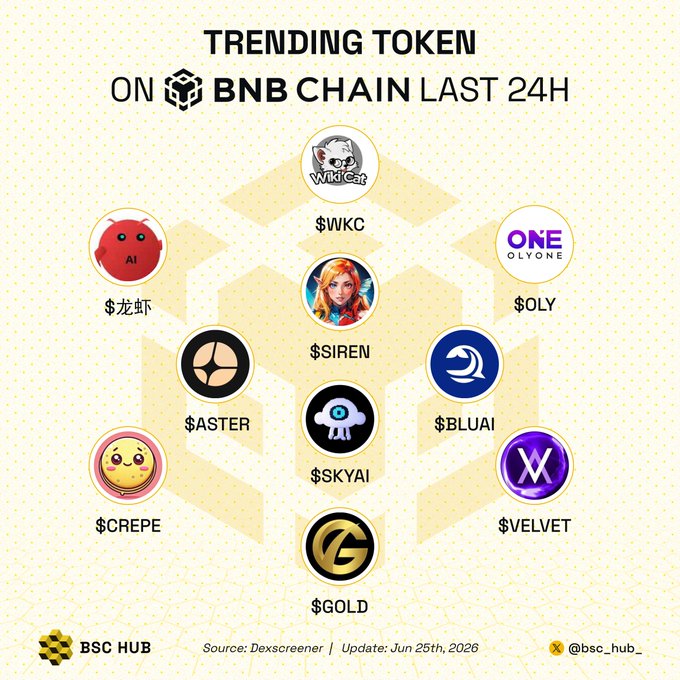 The image displays a "Trending Token on BNB Chain Last 24H" infographic featuring 9 tokens arranged in a hexagonal pattern, including $WKC (Wild Cat), $OLY, $SIREN, $ASTER, $BLUAI, $SKYAI, $CREPE, $VELVET, $GOLD, and $龙虾, sourced from Dexscreener and dated Jun 25th, 2026 by BSC HUB. The accompanying post lists these same tokens alongside their official Twitter handles, providing social media accounts for each trending project.