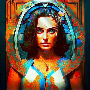 A vibrant digital portrait collage features a woman with striking blue eyes framed by ornate geometric patterns in bold orange, blue, and teal hues, evoking a futuristic or cyberpunk aesthetic. The artwork aligns with the post's promotion of Tezos-based NFT art on objkt.com, fitting the #TEZOSTUESDAY #Tezosart #collage themes.