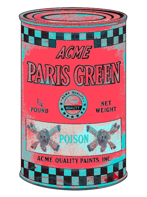 A stylized illustration of a vintage ACME Paris Green poison can featuring cyan and black checkered trim, skull and crossbones imagery, and '1/4 POUND' weight markings on a red and cyan background.