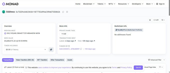 The image shows a Monad blockchain explorer page displaying the address "0x752D9c6463365611877702d99ac2f8a4d75508626" with a balance of 263,198,840.58640772514864036 MON (approximately $5,688,975.20), and 4 transactions sent with a funded by tag of "bt3b48B9f". 

This screenshot supports the post by showing the "Monad Foundation" wallet (labeled "Foundation") that has been distributing random $MON airdrops, displaying its massive balance and transaction history that funded random airdrops to ecosystem users like the poster.
