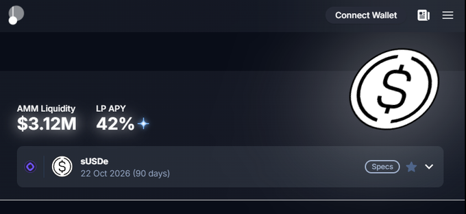 A cryptocurrency dashboard interface showing 'AMM Liquidity' of $3.12M and 'LP APY' of 42%, with a 'Connect Wallet' button and sUSDe asset details dated 22 Oct 2026.