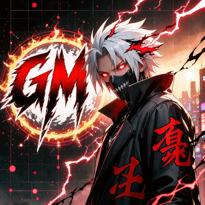 An anime-style digital artwork featuring a white-haired character with red eyes wearing a black mask and jacket, with red lightning effects, a flaming 'GM' logo, and red Japanese/Chinese characters on a dark cityscape background.