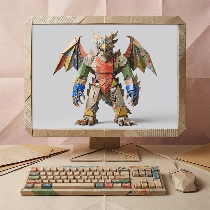 A monitor displays a colorful, origami-style kaiju monster crafted from folded paper, accompanied by a keyboard and mouse also made from recycled paper materials, all set against a newspaper-textured backdrop. The image visually represents the "Kaiju Fold" ecosystem update, with the paper-crafted monster symbolizing the project's name and the recyclable materials reflecting the "Fold" and NFT aspects of the ecosystem being built on Robinhood Chain.