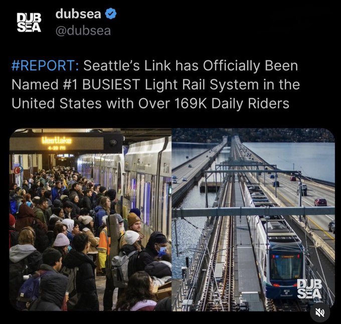A tweet from @dubsea reports that Seattle's Link light rail has been named the #1 busiest in the U.S. with over 169K daily riders, accompanied by photos of a packed Westlake station platform and a train crossing a bridge over water. The accompanying post highlights the need for solutions like $TSLA robotaxis or tunnels to ease overcrowding on the popular transit system.