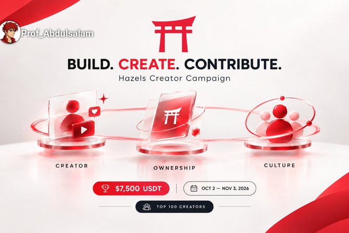 A promotional banner for 'Hazels Creator Campaign' by Prof_Abdulsalam, offering $7,500 USDT prize for top 100 creators running Oct 2 - Nov 3, 2026.