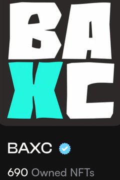 A black graphic featuring the stylized 'BAXC' logo in white and cyan text, with a verified checkmark and '690 Owned NFTs' displayed at the bottom.