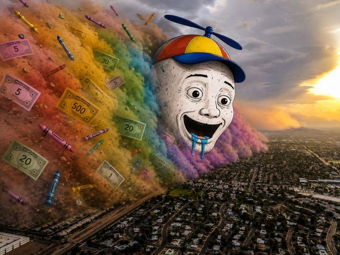 A surreal AI-generated image showing a smiling face wearing a propeller beanie hat, flying over a suburban landscape while releasing a colorful plume of smoke filled with Monopoly money and crayons.