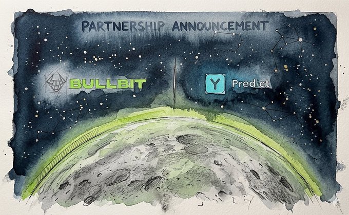 The image features a painting of a planet with green and gray colors, set against a dark blue background. The painting includes text that reads "Bullit" and "Predict", as well as the words "Partnership Announcement". The artwork is accompanied by a watermark that says "@BullbitDEXHQ @BullbitKoreaHub @BullbitPERP DEX와 Predict Protocol의 파생상품".