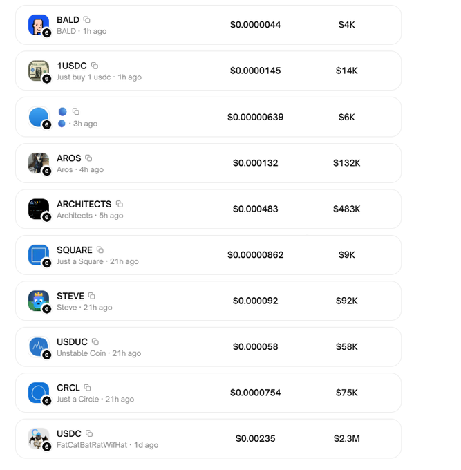 A list of memecoins (BALD, 1USDC, AROS, ARCHITECTS, SQUARE, STEVE, USDUC, CRCL, USDC) with extremely low prices under $0.003 and market caps ranging from $4K to $2.3M, illustrating the variety of low-value tokens—including a $1.4K market cap "1USDC"—trading alongside the legitimate $USDC reference. The post clarifies that these tokens are paired with eUSD (Envelope USD), not actual USDC, warning traders about the distinction.