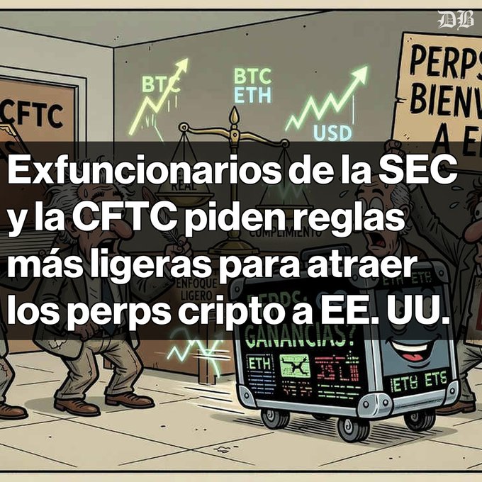 A Spanish-language cartoon illustration from 'El Heraldo' showing SEC and CFTC officials with a cart labeled 'GANANCIAS', with text stating 'Exfuncionarios de la SEC y la CFTC piden reglas más ligeras para atraer los perps cripto a EE. UU.'