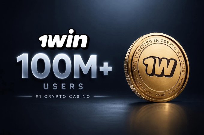 An advertisement for 1win, a crypto casino, celebrates reaching 100M+ users with a golden commemorative coin.
