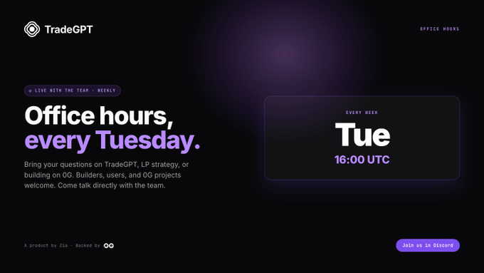 A TradeGPT announcement for 'Office hours, every Tuesday' at 16:00 UTC, inviting users to ask questions on TradeGPT, LP strategy, and building on 0G, with a Discord join link.