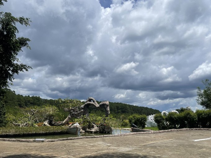 A landscape scene with a dramatic cloudy sky over a hillside, featuring twisted tree branches, greenery, a small body of water, and a paved area in the foreground.