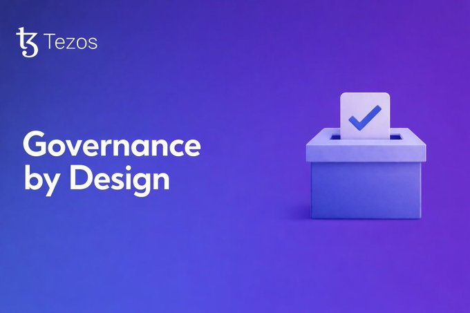 A promotional graphic for Tezos blockchain features the text "Tezos" with its logo and "Governance by Design" in white against a purple-to-blue gradient background, alongside a 3D illustration of a ballot box with a checkmark. The image visually reinforces the post's message about Tezos' built-in governance protocol, where users can propose, vote, and upgrade the blockchain.