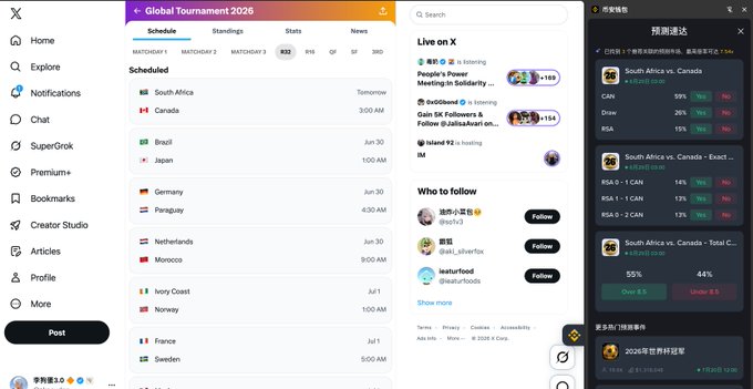 A screenshot of X showing a "Global Tournament 2026" schedule with matchups like "South Africa vs Canada" and "Brazil vs Japan," alongside a prediction panel displaying odds (e.g., South Africa vs Canada at 1.80, RSA G 59%, Yes/No/Over/Under percentages) and a live tournament section. This illustrates the post's point about Binance Wallet integrating a World Cup prediction feature directly into a floating sidebar on X, allowing users to quickly place bets on tournament games like South Africa vs. Canada without leaving the page.