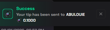 A dark notification popup displays a "Success" message confirming a tip of 0.1000 SOL has been sent to user "ABULOUIE," with a dismiss "X" button on the right. The interface and amount align with the post's caption about tipping 0.1 SOL on the solpump site.