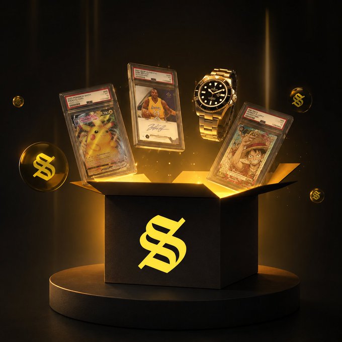 A 3D rendered image shows a black box with a glowing yellow logo containing Pokemon cards (Pikachu and Luffy), a Kobe Bryant autograph card, and a luxury watch emerging from it, surrounded by floating coins with a dollar sign logo.