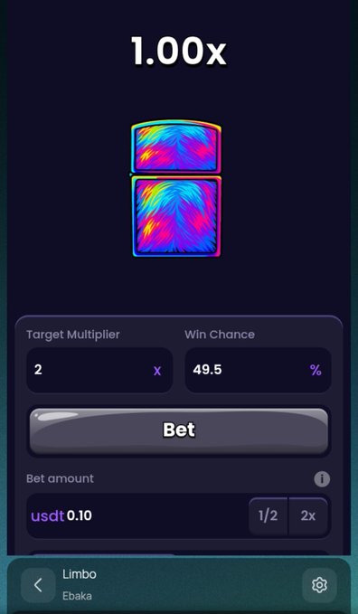 A mobile gambling interface for a Limbo game by Ebaka showing a 1.00x multiplier with colorful character icons, target multiplier of 2x, win chance of 49.5%, and a bet amount of 0.10 USDT.