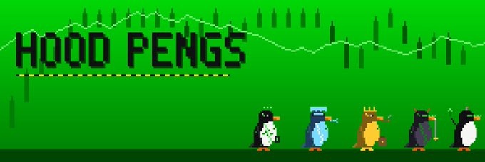 A pixel art style banner with a green background featuring the text 'HOOD PENGS' and an image of five penguins in different costumes.