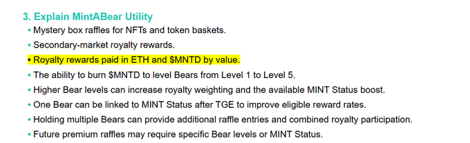 A slide titled "Explain MintABear Utility" lists features including mystery box raffles, secondary-market royalty rewards paid in ETH and $MNTD, and the ability to level up Bears from Level 1 to Level 5 to increase royalty weighting on MINT. The post highlights the recurring word "weight" used in both the royalty reward context (higher bear levels increase weighting) and in MINT's marketing utility.