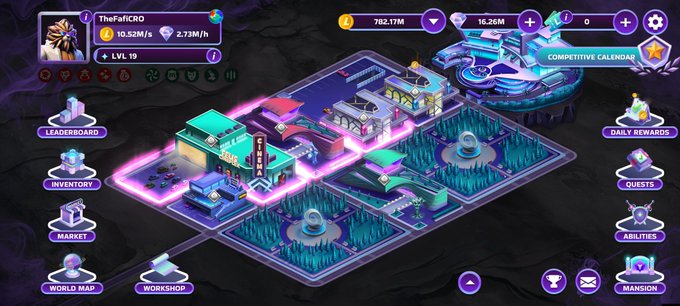 A screenshot of a mobile/PC game interface showing a cyberpunk-style isometric base with menus for Inventory, Market, Quests, and Abilities.