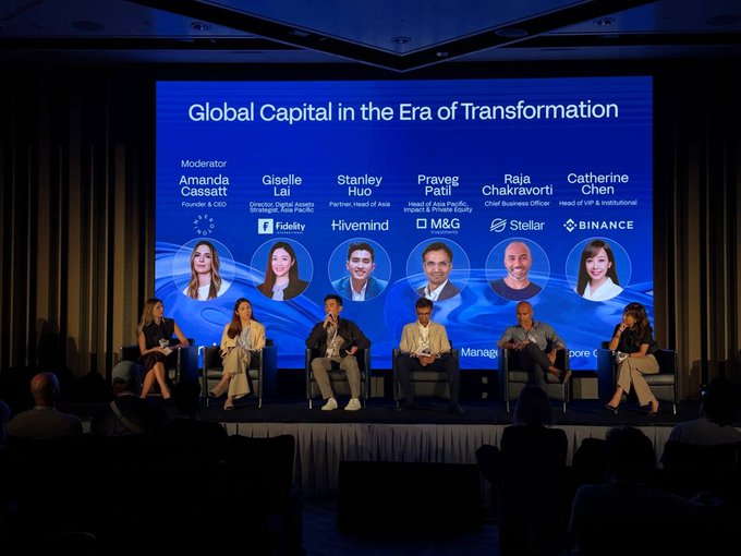 A panel discussion titled 'Global Capital in the Era of Transformation' featuring speakers from Fidelity, Hivemind, M&G, Stellar, and Binance, moderated by Amanda Cassatt.