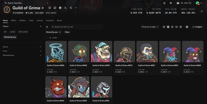 A screenshot of OpenSea displaying the "Guild of Grime" NFT collection's dashboard, showing stats like 0.015 ETH floor price, 0.5100 WETH top offer, and 19.09 ETH total volume. The image showcases various character-based NFT listings (Guilds #866, #880, #865, #870, #857, #863, #858, #884, #885, #881) that the user appears to have minted or acquired, reflecting the post's excitement about their reveals from the project.