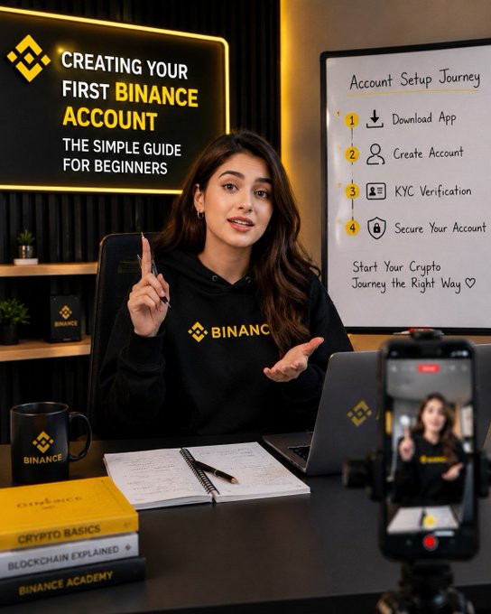 A woman wearing a black "BINANCE" hoodie presents an educational tutorial titled "CREATING YOUR FIRST BINANCE ACCOUNT: THE SIMPLE GUIDE FOR BEGINNERS," standing beside a whiteboard displaying an "Account Setup Journey" with four numbered steps: Download App, Create Account, KYC Verification, and Secure Your Account, alongside books labeled "CRYPTO BASICS" and "BLOCKCHAIN EXPLAINED."