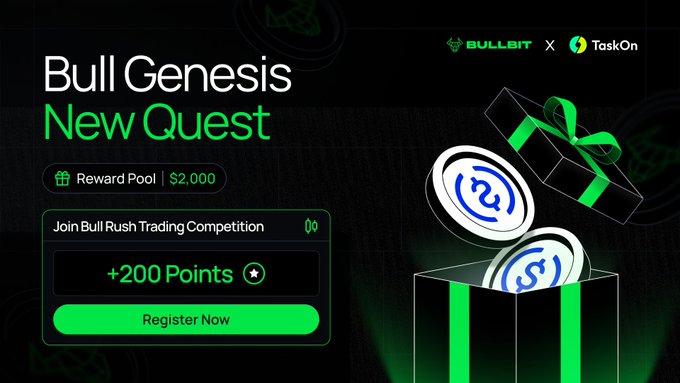 The image features a poster for Bull Genesis New Quest, which is an online trading game that allows players to join the Bull Rush Trading Competition to earn points by participating in various challenges within the game. The poster includes two coins placed inside a green gift box with a white ribbon on top, symbolizing the rewards and prizes available through the game. The text on the poster encourages users to claim their points and join the competition for a chance at winning exciting rewards.