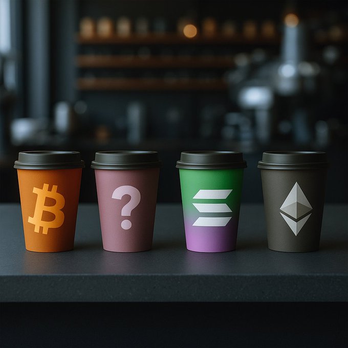 Four coffee cups on a café counter displaying crypto logos: an orange Bitcoin (₿) cup, a pink question mark cup, a green-to-purple Solana cup, and a dark gray Ethereum (Ξ) cup.