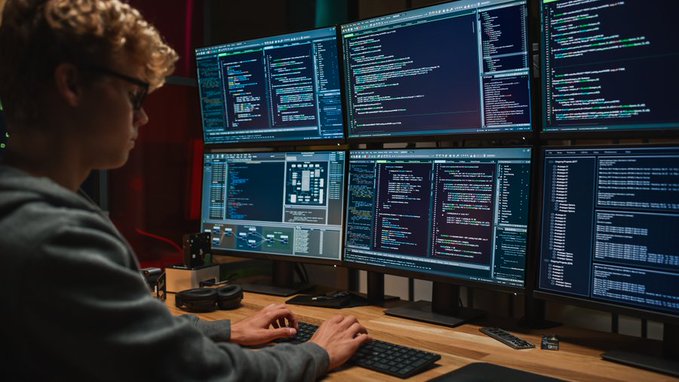 A young man with curly hair and glasses works at a multi-monitor setup displaying lines of code.