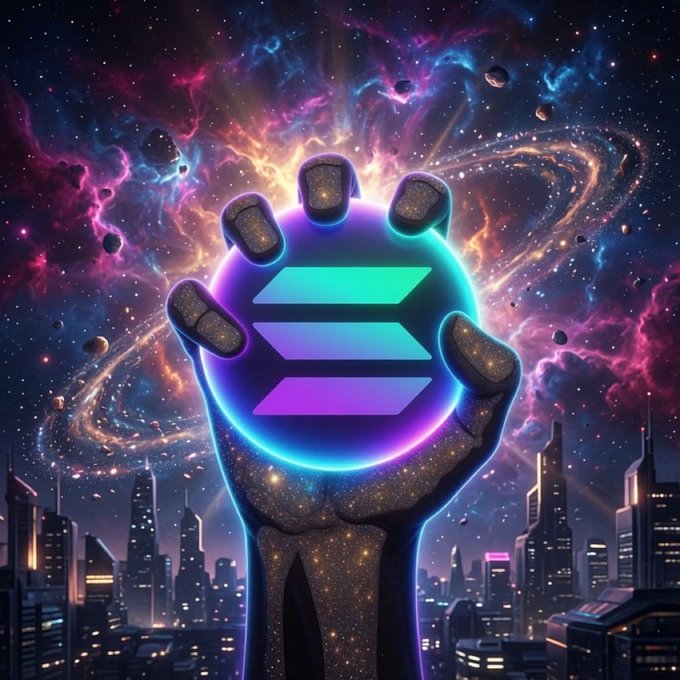 A digital artwork depicting a large hand holding the Solana (SOL) logo against a colorful cosmic galaxy background over a futuristic city skyline.