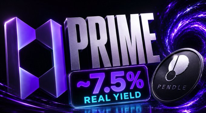 The image features a poster or advertisement promoting a new token called PRIME. The logo for the token is prominently displayed at the top of the image, which is black against a purple background. Below this logo are three distinct objects - two coins and a sticker representing the real yield. The text on these objects indicates that the token allows users to lock in a fixed rate until August or leverage it for leverage purposes. The image also includes information about the token's source, @HastraFi, who is backing the token, and a reference to its $22B loan book. This post focuses on promoting PRIME as an innovative solution within the cryptocurrency market.