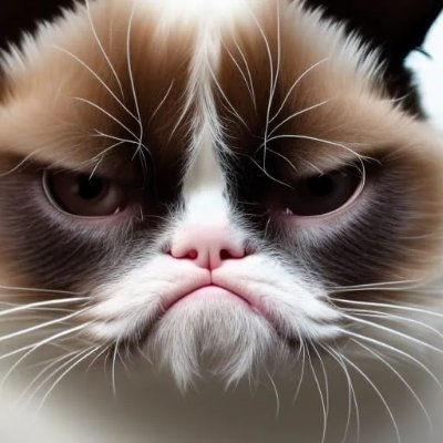 A close-up portrait of a grumpy-looking Exotic Shorthair cat with distinctive flat features and brown, black, and white fur.
