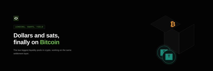 Promotional graphic with dark background reading 'Dollars and sats, finally on Bitcoin' with subtitle about liquidity pools in crypto, featuring Bitcoin and USDT logos alongside a box illustration.
