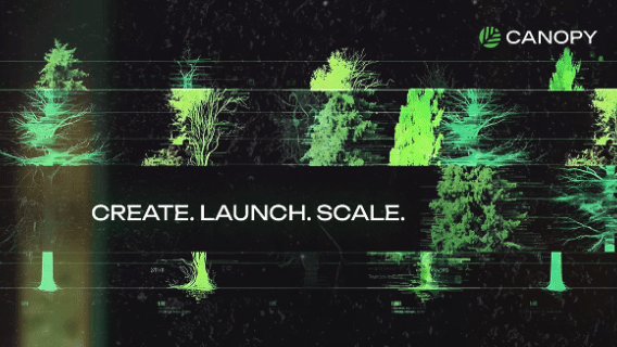 A promotional graphic for Canopy (CNPY Network) features neon green tree silhouettes against a dark background with the tagline "CREATE. LAUNCH. SCALE." and the Canopy logo in the top right, visually reinforcing the post's announcement of the network's $8.5 million seed funding round backed by Arrington Capital and Fenbushi Capital, along with its acquisition of Tanssi technology.