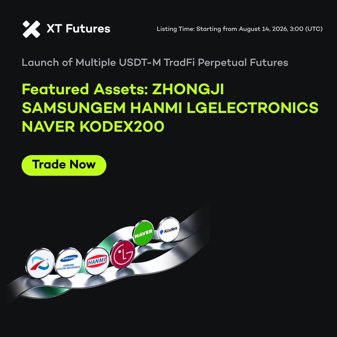 An advertisement for XT Futures announcing the launch of Multiple USDT-M TradFi Perpetual Futures featuring assets including ZHONGJI, SAMSUNGEM, HANMI, LGELECTRONICS, NAVER, and KODEX200, with a listing time starting from August 14, 2026, 3:00 (UTC).
