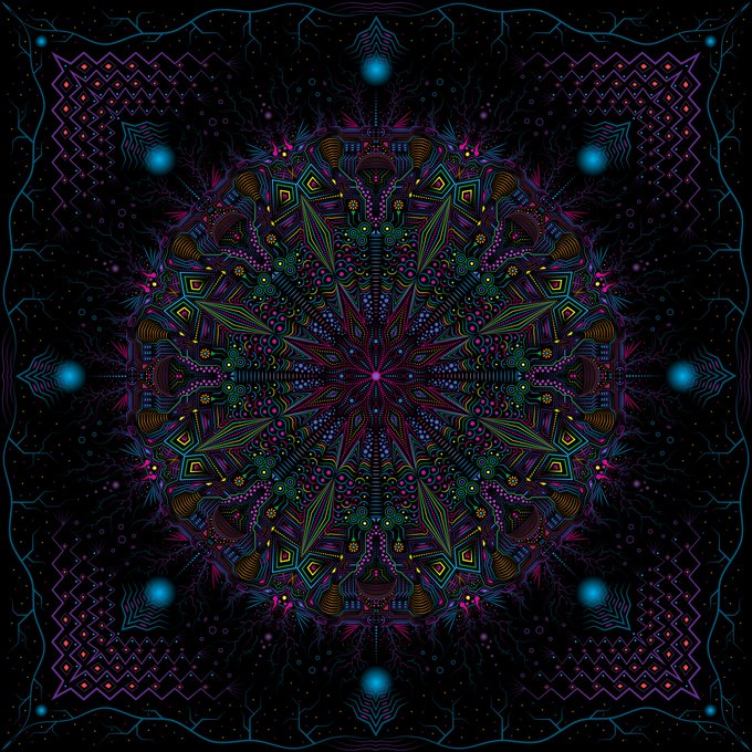 A vibrant, kaleidoscopic digital mandala with intricate neon patterns radiating from a central starburst against a black background, fitting the "Subconscious Projection" NFT artwork celebrating a successful sale.