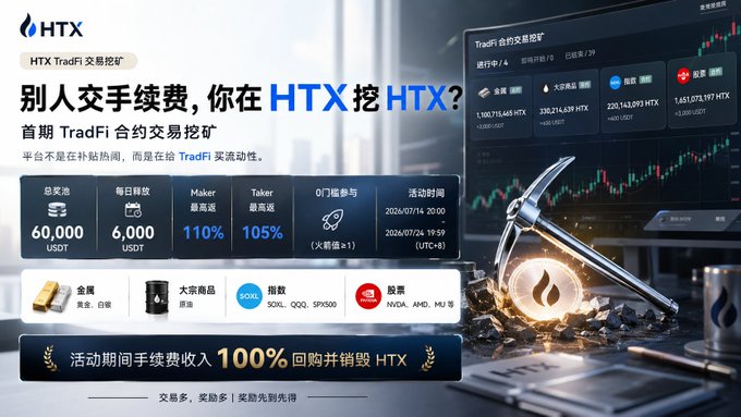 The image is a promotional poster for HTX's TradFi contract trading mining campaign, offering makers up to 110% and takers up to 105% rebate rates, with a 60,000 USDT prize pool running July 14-29, 2024 (20:00 to 19:59 UTC+8) and featuring gold, crude oil (sc/CL), indices (SOPL, SQQQ, SPX500), and stocks (NVDA, AMD, MU). A stylized mining pickaxe striking a glowing HTX coin complements the post's message that HTX is purchasing TradFi liquidity rather than subsidizing trades, with 100% of fee revenue used to repurchase and burn HTX tokens.
